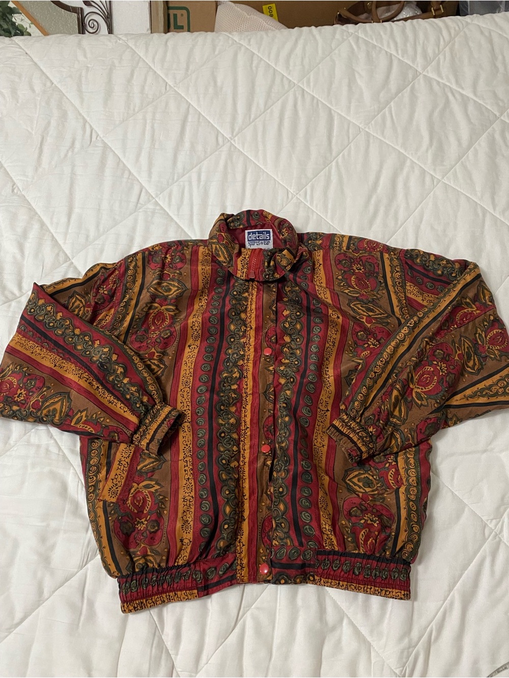 Details Vintage-Inspired Paisley Button Jacket in Rust & Olive 100% silk